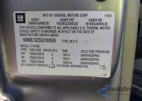 2002 Chevrolet Tahoe Lt из США, поврежденный, VIN 1GNEC13Z32J180589